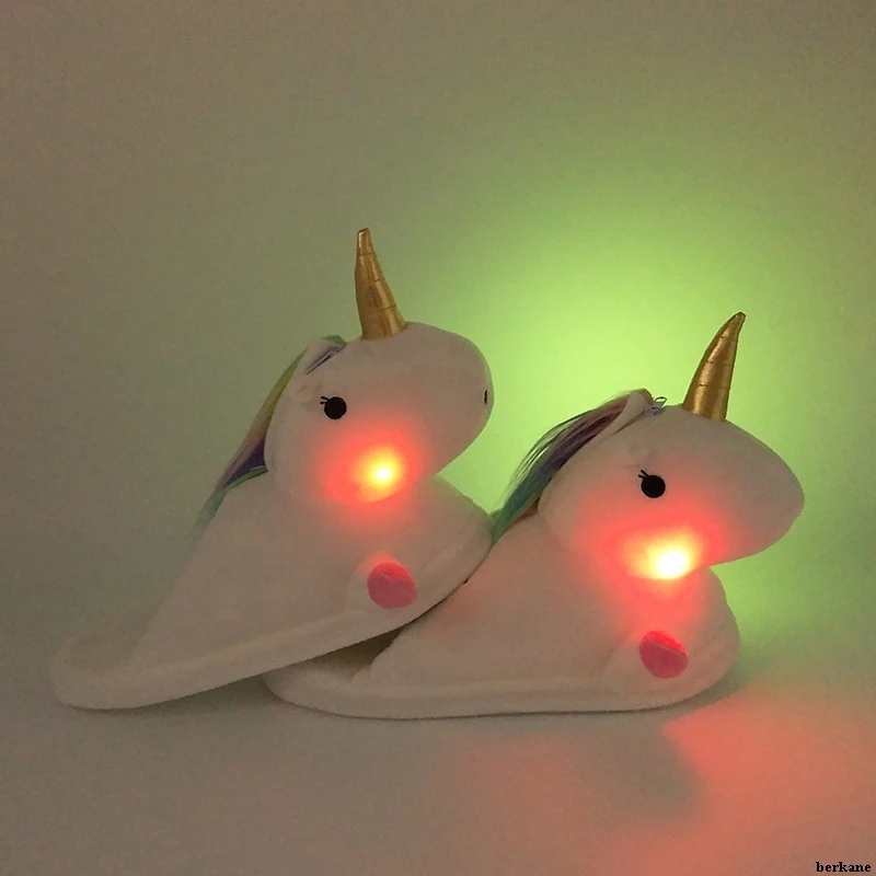 Unicorn Slippers Licorne Led Bed White Flats Winter Warm Fur Plush 2018 Adult Cartoon Women Unisex Home Indoor Shoes Light Cute