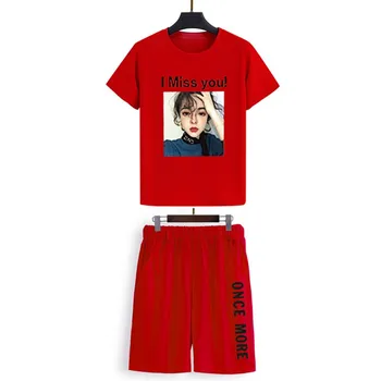 

Women's Sweet Two Piece Set Fashion Letter Head Portrait Print Short Sleeve O-Neck Top And Pockets Shorts Set