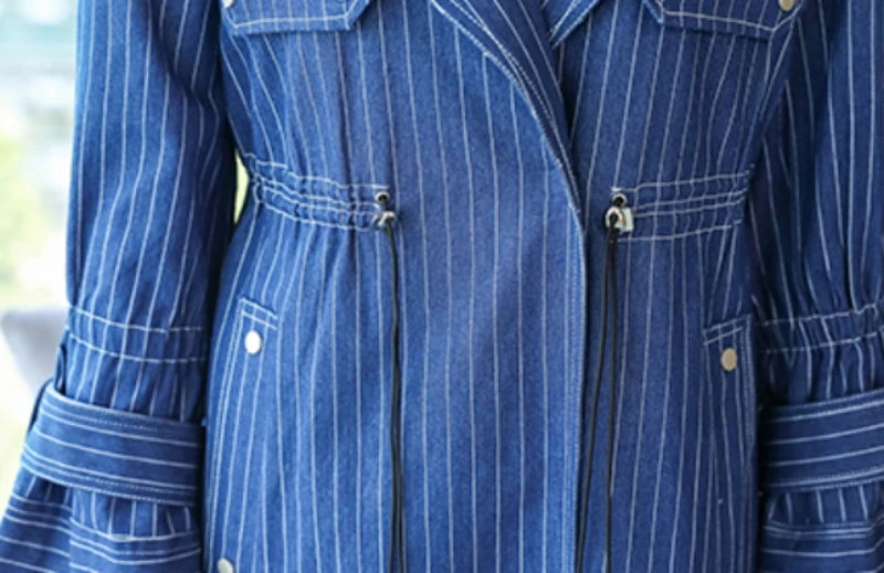 Модный женский офисный джинсовый костюм, европейский стиль, на шнуровке, в полоску, джинсовые длинные пальто, свободные прямые брюки, комплект из двух предметов, синий
