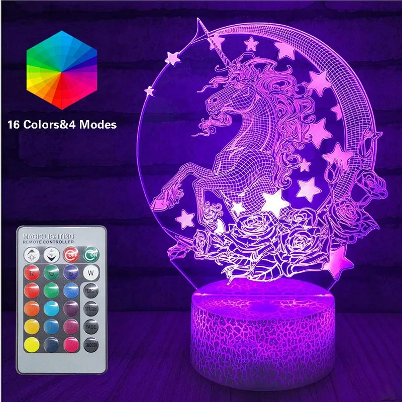 3D единорог, ночник, светодиодный, Оптические иллюзии, лампы, дистанционное управление, умная настольная лампа, 16 цветов, Декор, Luminaria Lampara, для девочек, рождественские, вечерние, подарок - Испускаемый цвет: Unicorn 8