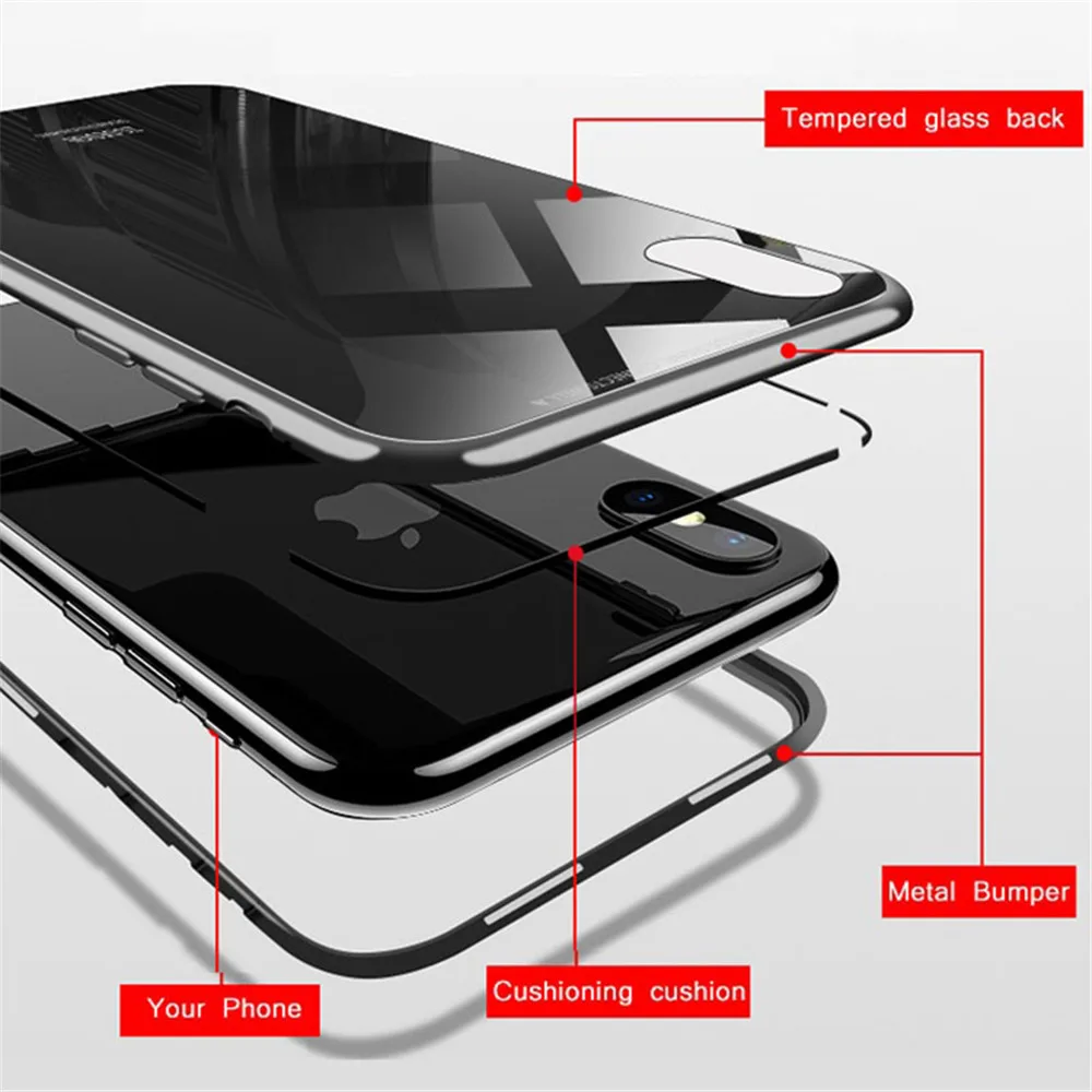 Магнитный адсорбционный чехол для iPhone X XS Max 10 8 7 6 S Plus coque закаленное стекло