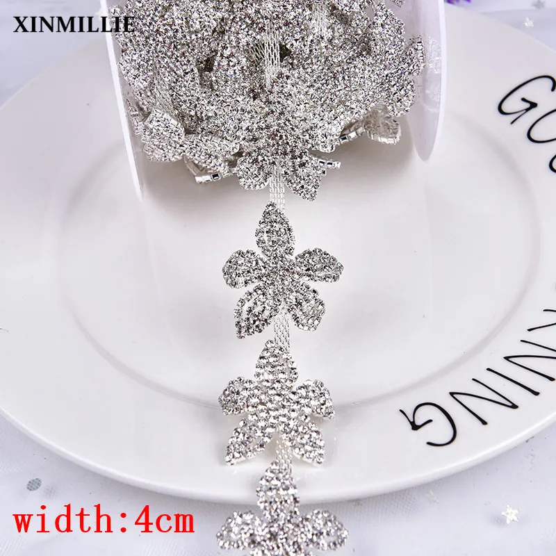 

AAA-Grade Glass Rhinestone Crystal Chain 40cm/Lot(11 flowers) Wedding Decoration Sew On Garment Banding Silver Trim 4cm Width
