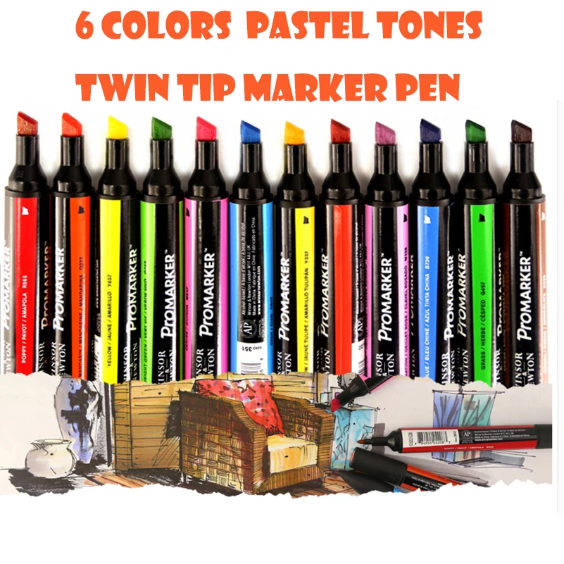 6 Colors Pastel Tones DoubleTip Marker Pen Set Promarker Alcohol Based Ink Artist Watercolor Brush Pen Double Art Markers Design