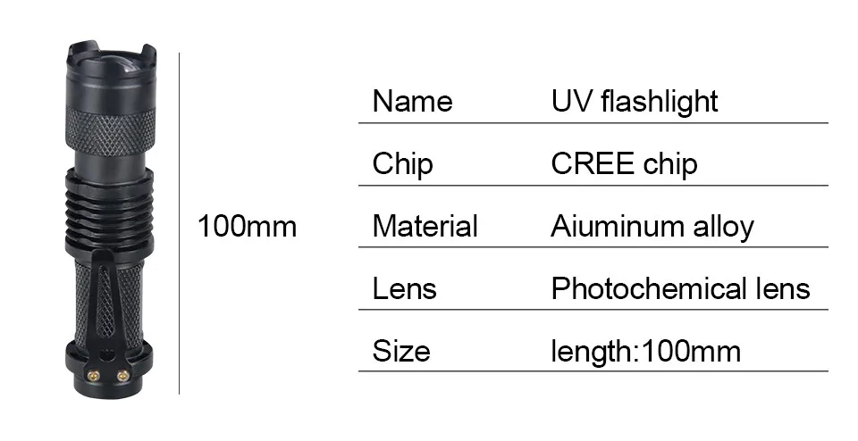 UV Flashlight Zoomable Ultraviolet Flashlight Touch Linterna LED Mini UV Black Light Pet Urine Stains Detector Scorpion Hunting (5)