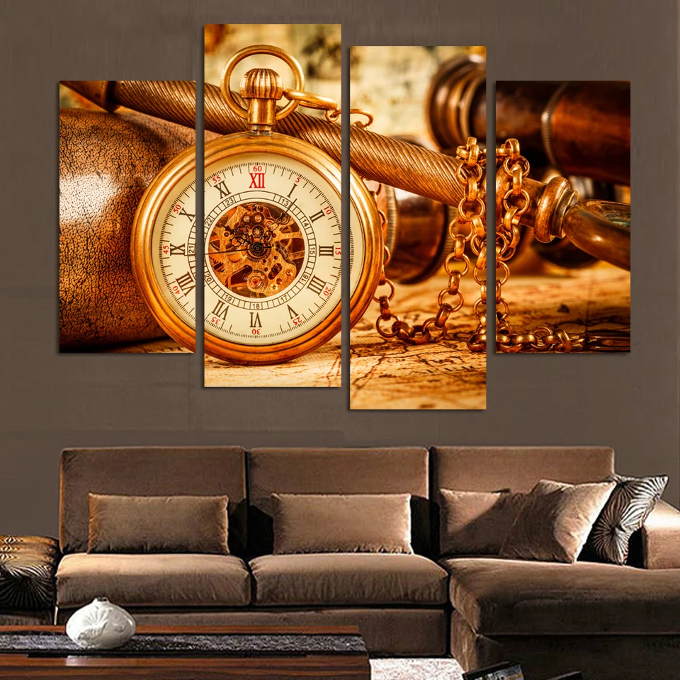 Original Oil Ink Print 4 Panels Canvas Old Clock Painting On Canvas