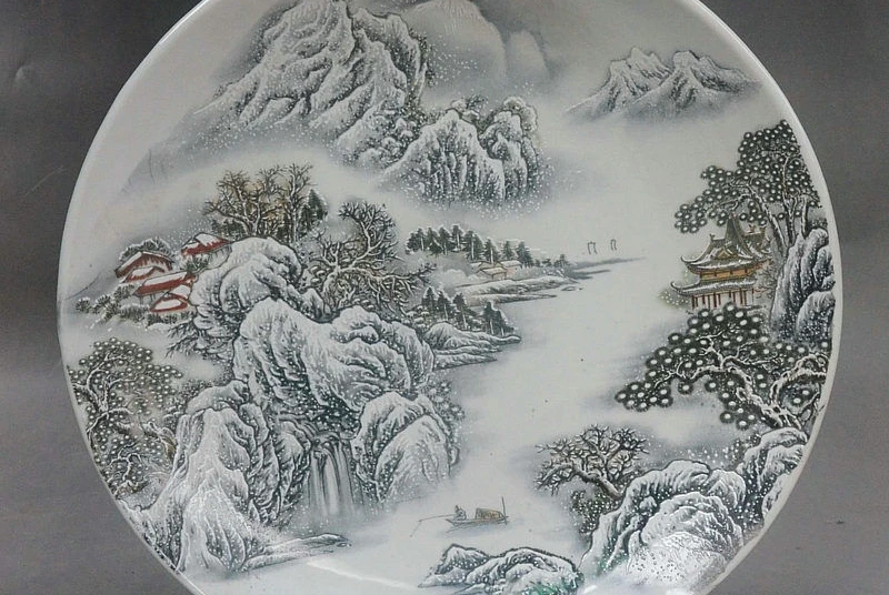 

14" China Wealth Porcelain Auspicious Paint Snowy Mountain river Plate Dish Tray