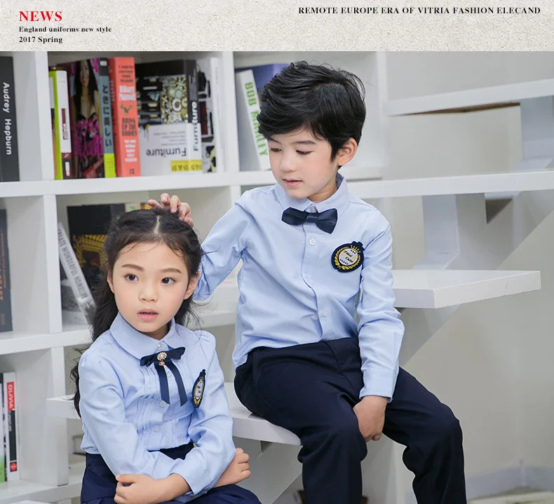 Детская форма для детского сада, школьная форма для студентов, британская детская одежда, синие рубашки с длинными рукавами для мальчиков и девочек, D-0594