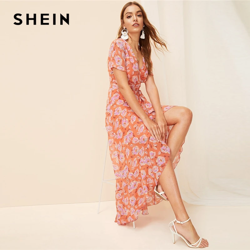 SHEIN летнее платье макси в богемном стиле с оранжевым разрезом, асимметричным подолом, поясом и цветочным принтом, женское элегантное платье трапециевидной формы с v-образным вырезом