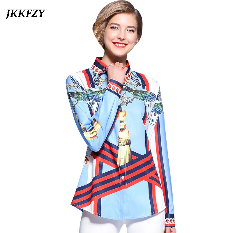 

New Luxury 2018 Autumn Summer Women Stripe Print Runway Shirt High Quality Brand Elegant Long Sleeve Turn Down Collar Blouse