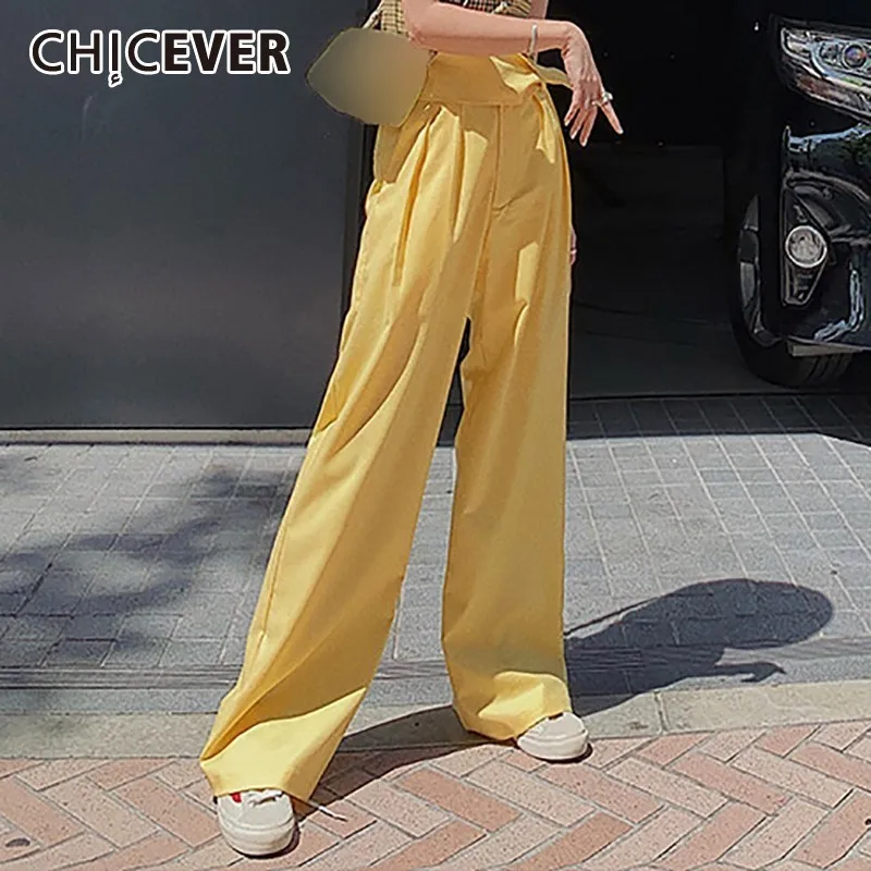 

CHICEVER Summer Casual Solid Women Pant High Waist Drawstring Sashes Pockets Loose Plus Size Regular Straight Pants 2019 Fashion