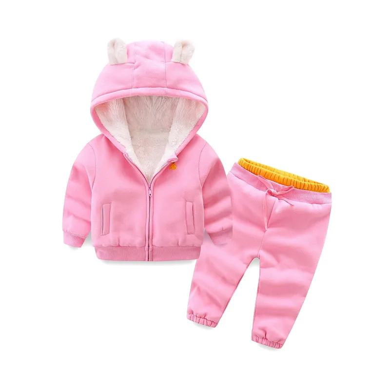 Комплект осенне-зимней одежды для девочек, детское теплое пальто+ штаны спортивный костюм для мальчиков из 2 предметов Повседневные детские спортивные костюмы теплый комплект для девочек - Цвет: pink