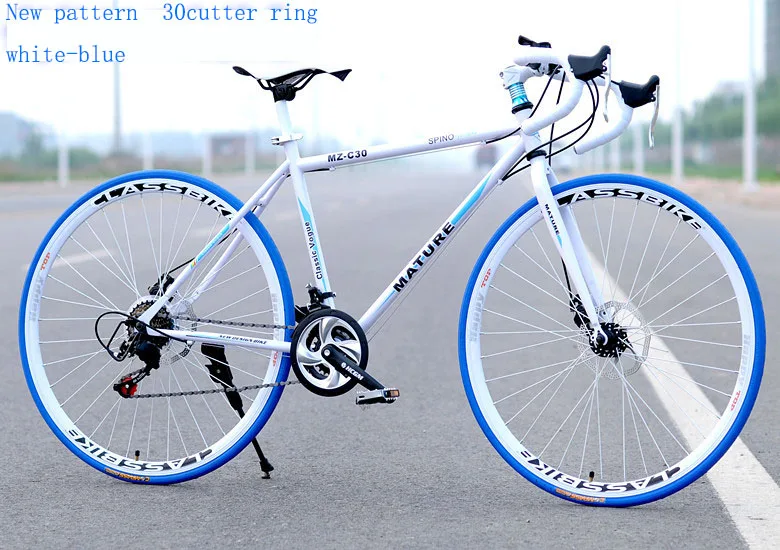 Велосипед из высокоуглеродистой стали шоссейный велосипед 700C(27,3 дюйма) 21 скорость спортивный автомобиль дисковый тормоз переменная скорость студенческий автомобиль - Цвет: White Blue