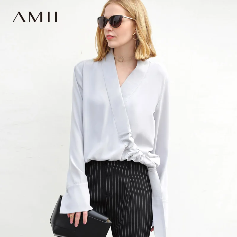 

Amii Minimalist Women 2019 Spring Blouse Chiffon Solid V Neck Flare Sleeve Female Blouses Shirts