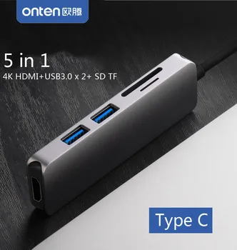 

ONTEN 5in1 Type C to 4K HDMI Audio Video Adapter Converter with SD TF Card Reader and 2 USB 3.0 Connector for MacBook Pro Mac