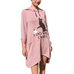 Женская футболка Повседневная с принтом кошачьими ушками и капюшоном, футболка с длинным рукавом и карманом, необычная Мода, новый топ femme