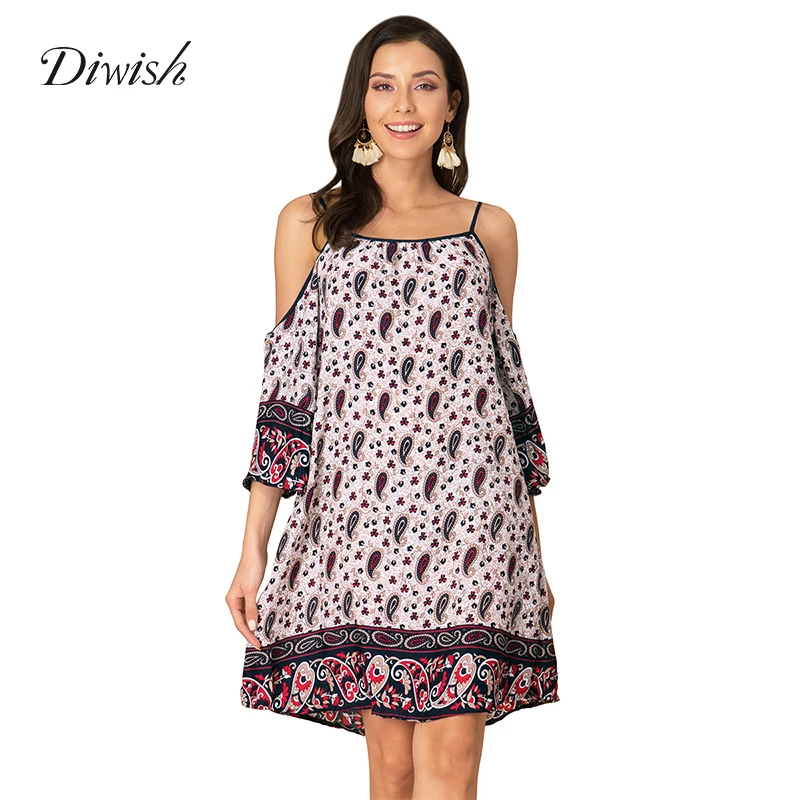 

Diwish Women Loose Print Beach Dress Three Quarter Spaghetti Strap Women Summer Dress Slash Neck Short Style Ladies Dresses