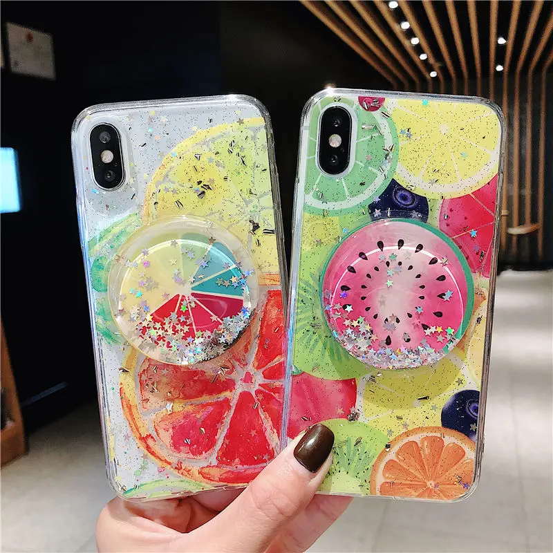 

Bling 3D Dragon Fruit Lemon Liquid Quicksand Bag Clear Case for Apple iPhone XR XS X 6S 7 8 Plus XS Max Epoxy Soft TPU Cover