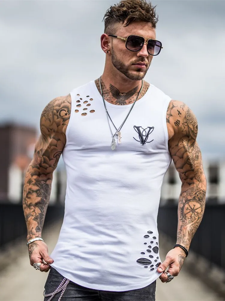

2019 Fashion hole Gyms Clothing Sporting Singlet Bodybuilding Stringer Tank Top Men Fitness Shirt Muscle Sleeveless Vest Tanktop
