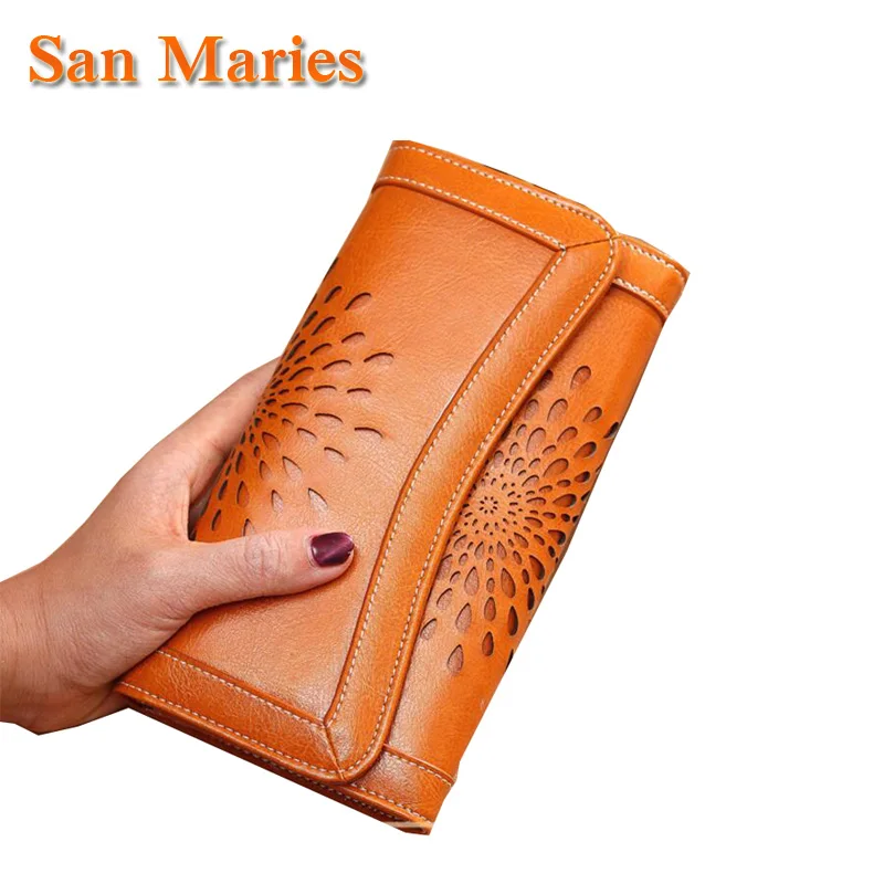 

San Maries Long /Short Style Wallet Multi-functional Women Wallets And Purses Hollow Out Cow Leather Female Phone Clutch
