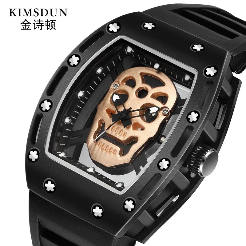 

KIMSDUN men's watch Fashion Mens Skeleton Skull Luminous Quartz watch Military Style Black Silicone Barrel Shape Dial Watches