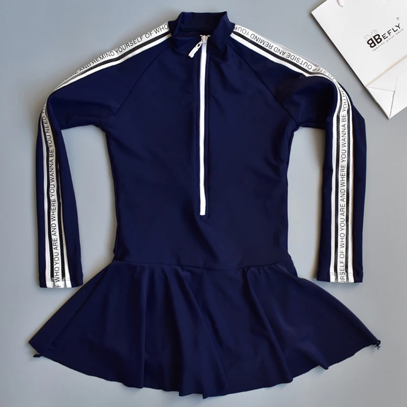 مراهق 10 سنة الفتيات طفح الحرس قطعة واحدة طويلة الأكمام تنورة ملابس السباحة الرياضة سستة الصلبة تصفح لباس سباحة Rashguard 2019