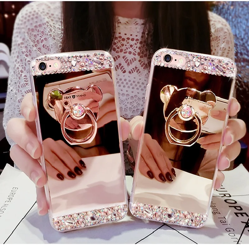 Алмазный блестящий чехол с зеркалом для Galaxy S 10 9 8 7 6 5 edge plus A3 A5 A7 C 9Pro note 4 Flash Cute 3D Bear