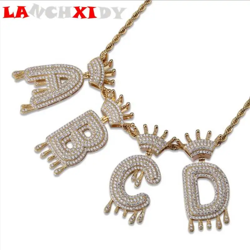 

Fashion crown 26 English letter hip hop drop necklace set CZ ice zircon tide brand men women pendant, custom letter a message