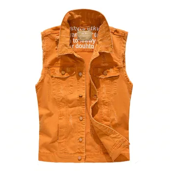 

MORUANCLE Fashion Mens Ripped Denim Vests Slim Fit Distressed Sleeveless Jeans Jackets For Man Orange Waistcoat With Holes