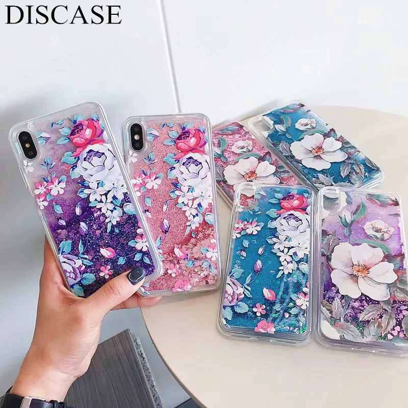 

DISCASE Glitter liquid quicksand Phone Case For iphone 8 7 6s 6plus XS MAX XR X Cases Painted flowers Back Cover Funda