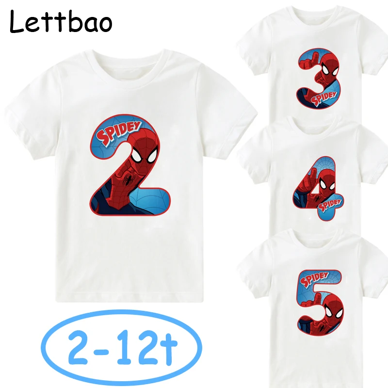 

2019 New Fashion Children's Clothes Happy Birthday 2 To 12 Number Summer Cotton White T-shirt for Boy Spider Man Tshirt for Kid
