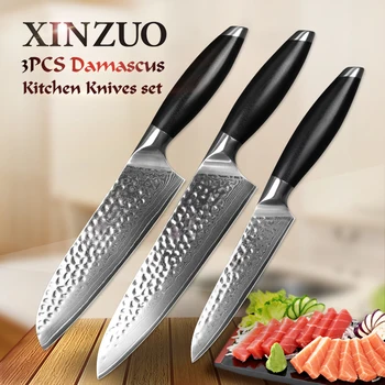 

XINZUO 3 pcs kitchen knives set 67 layer Damascus stainless steel VG10 professional chef utility santoku fruit knife g10 handle