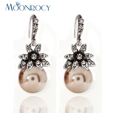 MOONROCY Free Shipping Fashion Jewelry Vintage Antique Silve Color Champagne Imitation Pearl Crystal Earrings For Women Gift