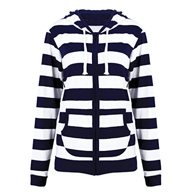 2019 Autumn Women Striped Hoodies Sweatshirt Long Sleeve Hooded Zipper Pockets Jackets Casual Plus