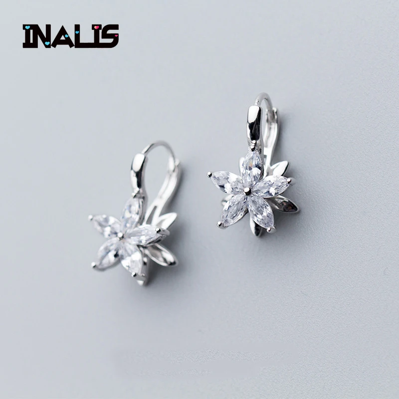 

INALIS New Cute Romantic Lovely Clear CZ Stone Flower Shape Convenient Simple Stud Earrings S925 Silver Brincos For Women Party