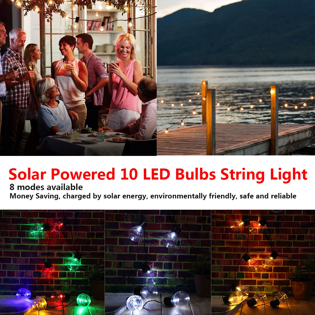 

10 LED Bulbs String Light Outdoor Fairy Hanging Lamp Party Decor Solar Powered Waterproof 8 Modes Christmas Wedding House Yard