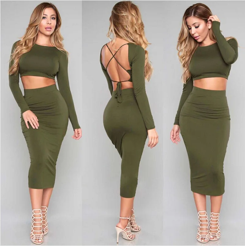 Europe 2016 new nightclub sexy fashion hollow green long sleeved dress Halter slim two explosion dress