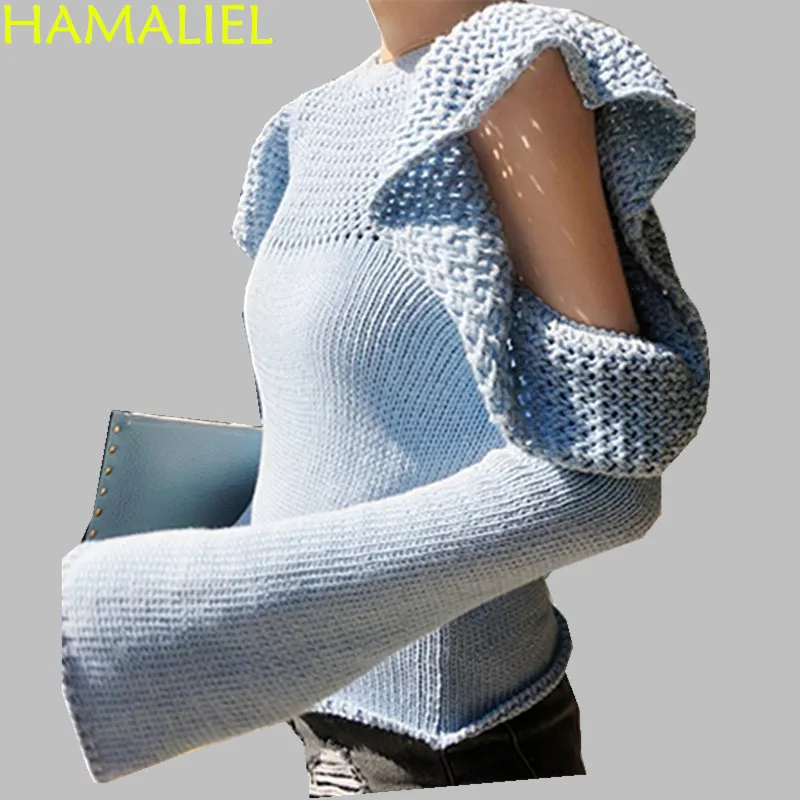 

HAMALIEL Runway Blue Off Shoulder Ruffles Sweater 2018 Autumn Winter Women Full Flare Sleeve Hollow Out Knitting Pullover Jumper