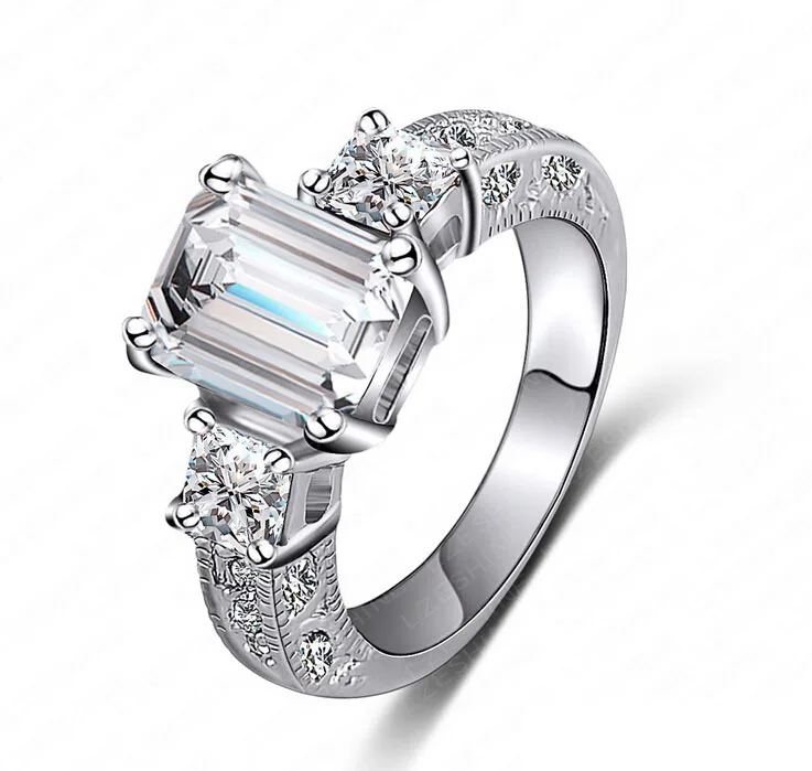 

Free Shipping SZ5-10 Engagement Ring 3CT Zircon Three-stone CZ 10KT White Gold Filled Women's Wedding Band Silver Jewelry Gift