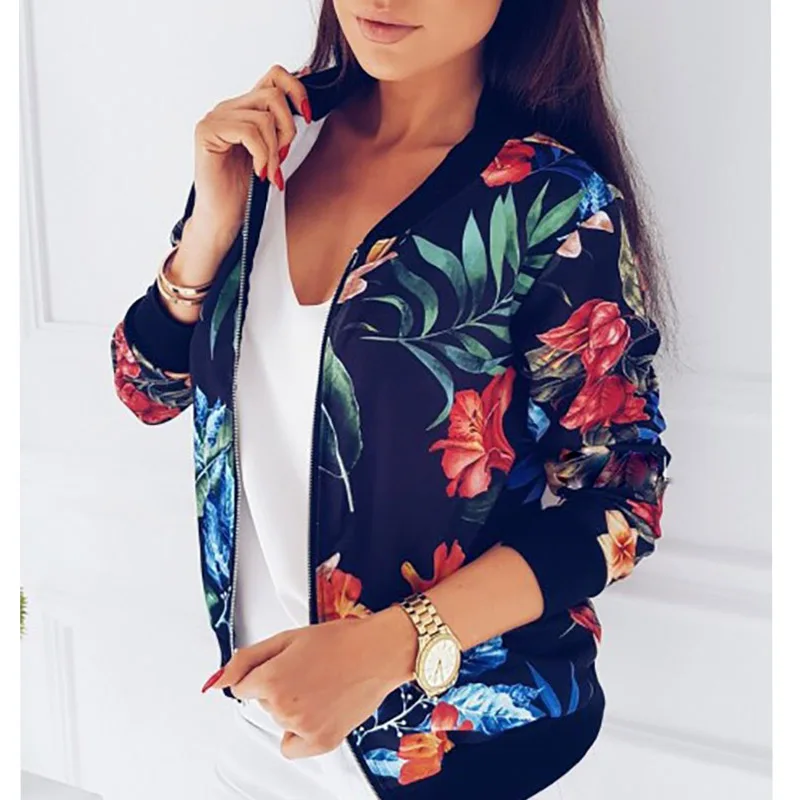 

New Ladies Ribbed Trim Flower Print Bomber Jacket Women Autumn Printing Long Sleeve Casual Tops Zipper Jacket Outwear Loose Tops