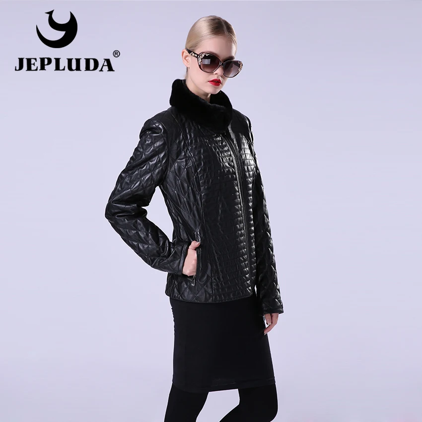 

JEPLUDA New Women's Leather Jacket Natural Jacket Genuine Leather Women Collar Rex Rabbit Fur Detachable Women's Leather Coat
