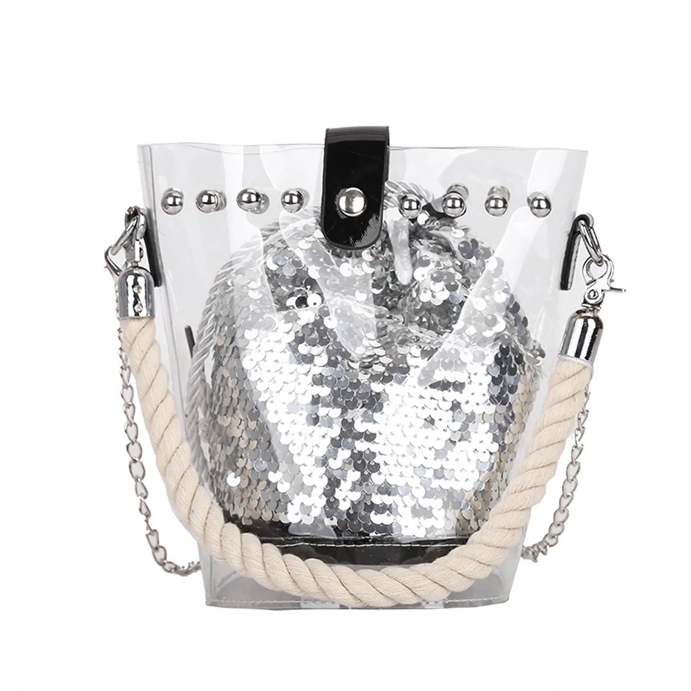 

Clear bag bucket bag round bag transparent women Fashion Reversible Sequin Glitter Shoulder Bag Crossbody Handbag