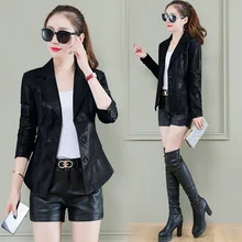 Женская кожаная куртка, M-4XL, весна, новинка, тонкий, отложной воротник, однобортное Женское пальто из искусственной кожи, высокое качество