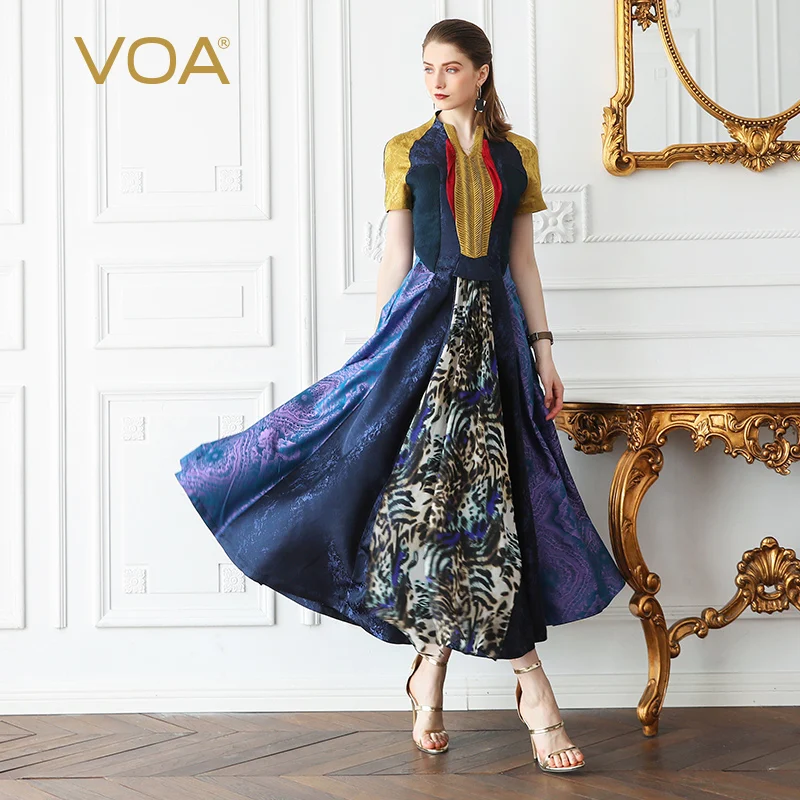 

VOA Leopard Print Runway Heavy Silk Swing Party Dress Women Maxi Long Dresses Plus Size 5XL Boho Tunic Slim Retro Elegant A672