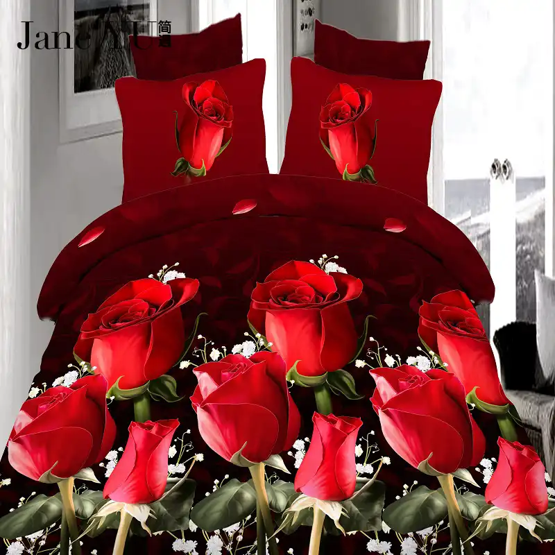 Janeyu 4pcs King Size Luxury 3d Rose Bedding Sets Red Color