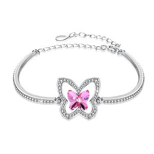 Полый браслет с бабочкой Кристалл от Swarovski браслет для женщин Сияющий розовый горный хрусталь 925 серебряные свадебные украшения - Цвет камня: Pink
