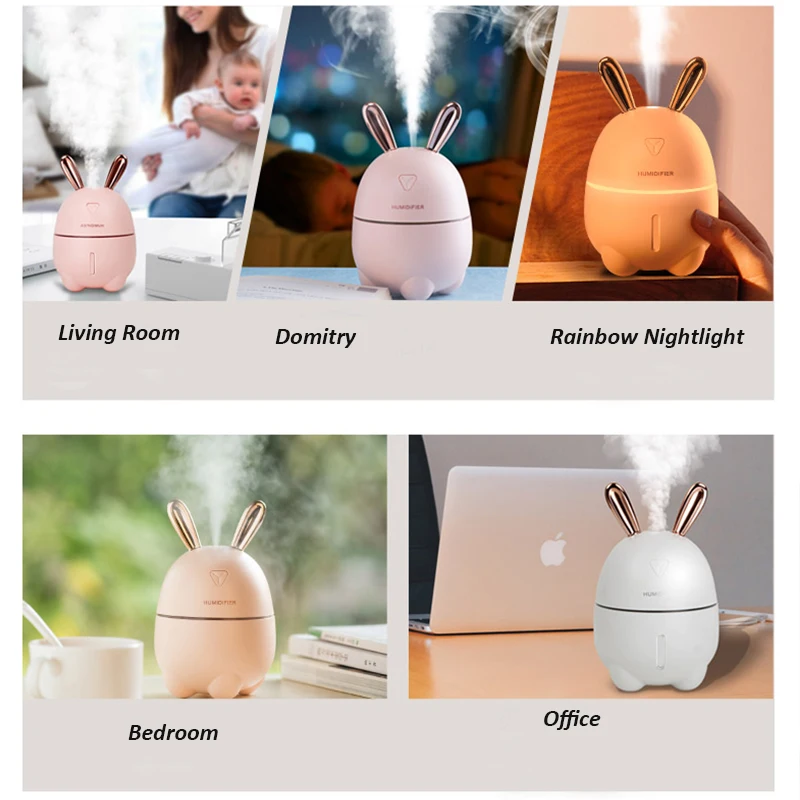 300ML Air Humidifier Cute Rabbit Ultra-Silent USB Aroma Essential Oil Diffuser Office Car Humidific