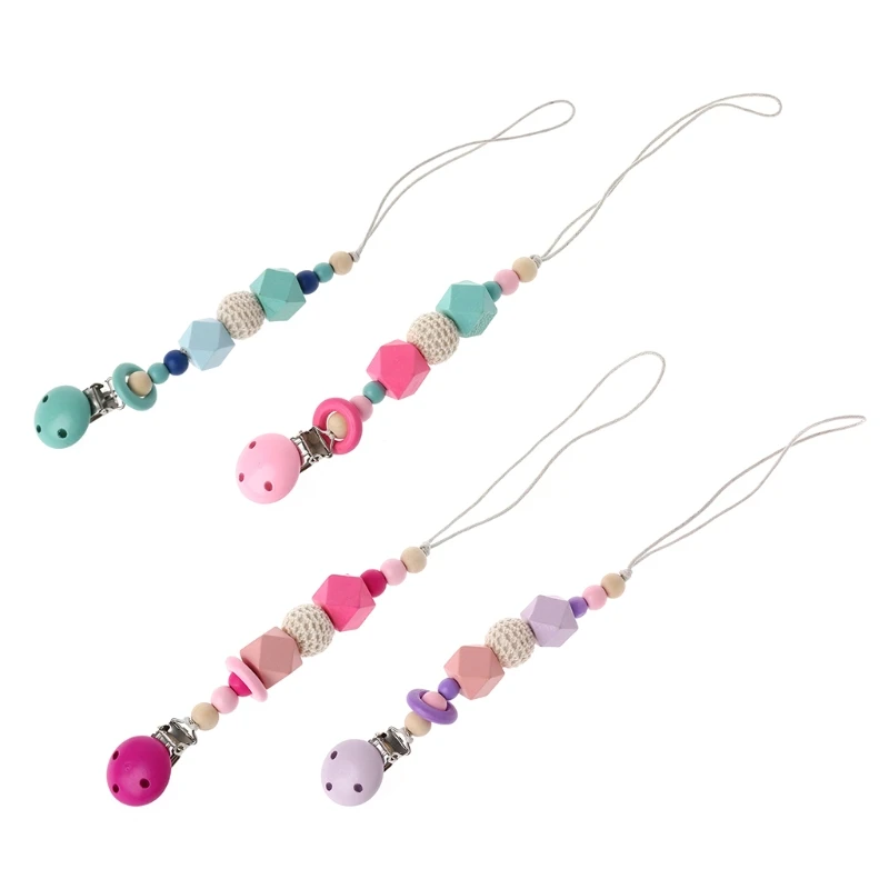

Baby Pacifier Chain Clip Holder Silicone Beads Wood Soother Feeding Teether Chew