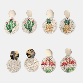 

Bohemian Handmade Wooden Straw Weave Rattan Statement Earring For Women Trendy Pineapple Flamingo Printed earrings Round Jewelry