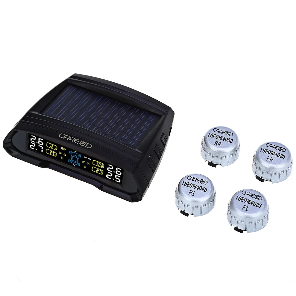 

Careud Car Tire Pressure Monitoring System TPMS 4 External Sensors Solar energy TPMS Car Monitor USB Charging PSI Bar Real-time