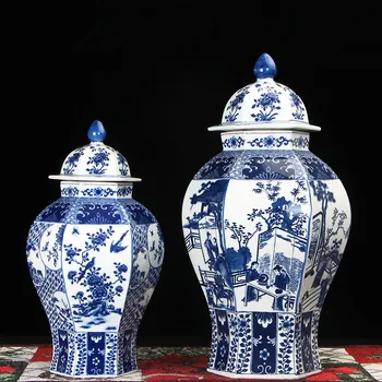 

Jingdezhen temple jar porcelain ceramic decoration jar Chinese Antique ginger jar vase hexagon type blue and white